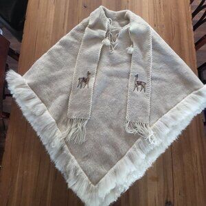 Vintage 1970's Peruvian Alpaca Wool Scarf Poncho Alpaca Detail Fringe